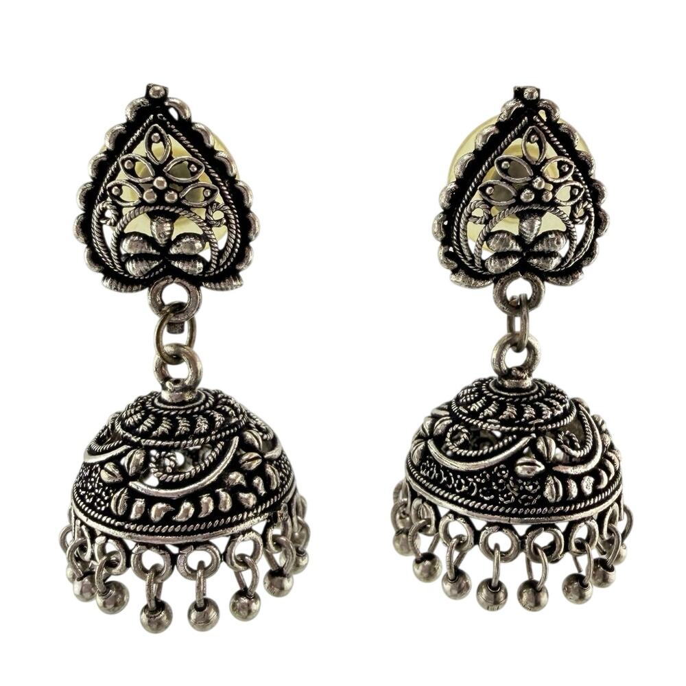 Indian Style Jhumka Oxidized Silver Tone Filigree Dangle Drop 1.5" Earrings